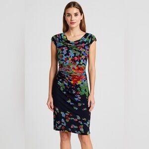 Kay Unger Multicolor Abstract Print Ruched Cowl Neck Dress Size M